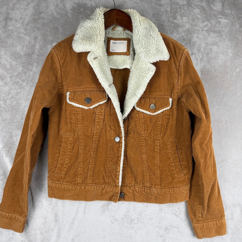ASOS Denim Brown Corduroy Sherpa Lined Trucker Jacket Mens Small UK 8